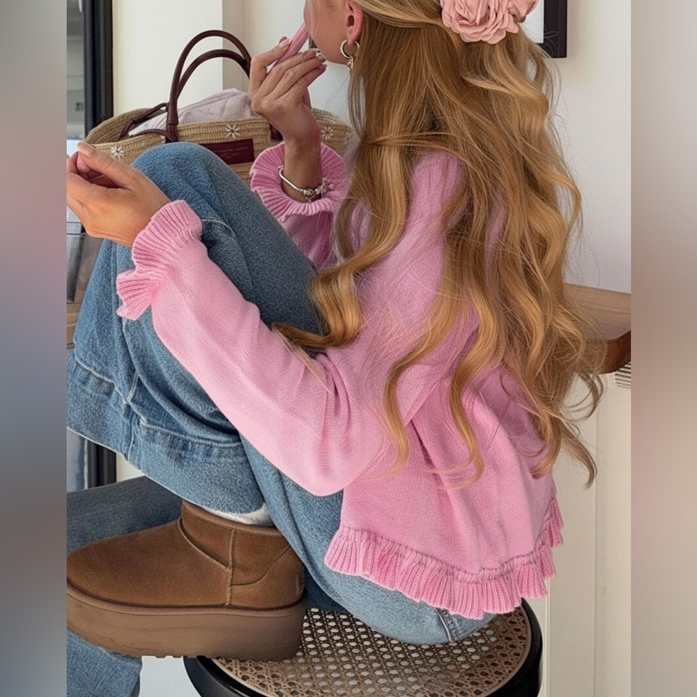 Pink ruffled button up cardigan sweater soft knit preppy girly spring